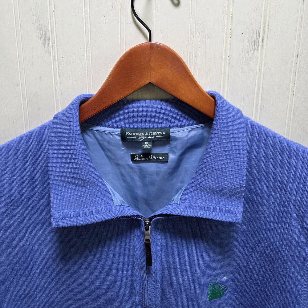 Fairway & Greene Sweater Vest Mens XL Blue Italian‎ Merino Wool Quarter Zip Golf